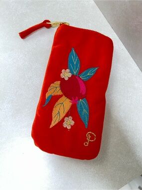 Powder UK Orange Velvet Embroidered Glasses Case Pouch Purse with Gold Zipper
